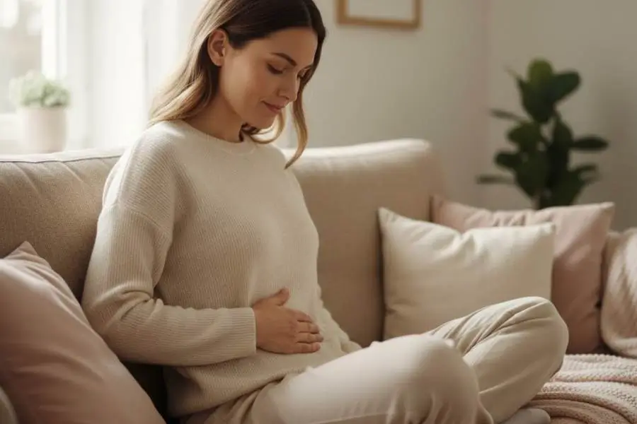 Mulher confortável em casa pronta para iniciar exercícios de pompoarismo, transmitindo segurança, calma e acessibilidade da prática que pode ser feita em qualquer ambiente