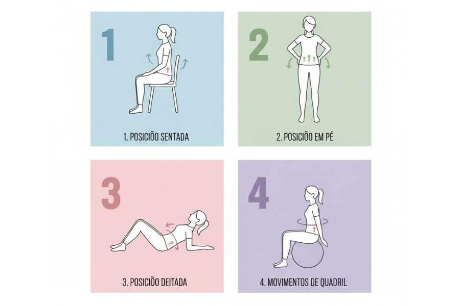 Quatro exercícios diferentes de pompoarismo ilustrados passo a passo: posição sentada, posição em pé, posição deitada e movimentos de quadril, mostrando as principais técnicas para iniciar a prática